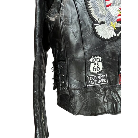 DIAMOND PLATE Buffalo Genuine Leather Biker Jacket Mens M Customized Patches - Picture 5 of 9